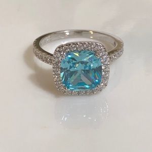 Sterling Silver Aqua Blue Cushion Cut Ring
